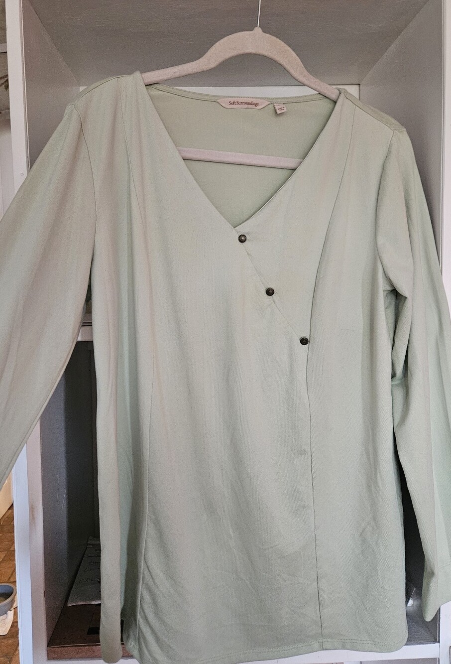 Soft Surroundings Light Sage Long-Sleeve Wrap-Style V-Neck Top